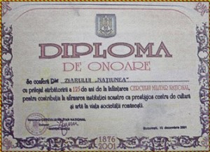 Diplomă de onoare acordată în anul 2001 Ziarului Națiunea de către Cercul Militar București